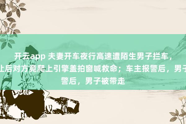 开云app 夫妻开车夜行高速遭陌生男子拦车，急刹避让后对方竟爬上引擎盖拍窗喊救命；车主报警后，男子被带走
